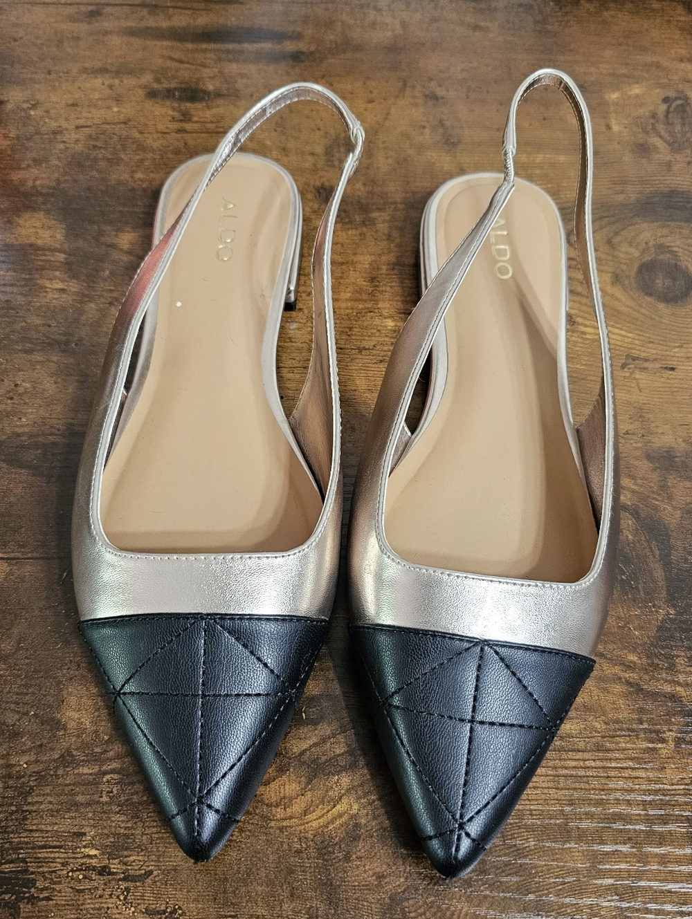 Aldo Metallic Slingback Flats with Black Quilted Toe